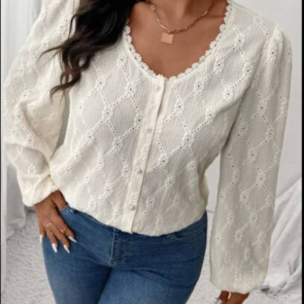 SHEIN Ivory Lace Button-Up Blouse